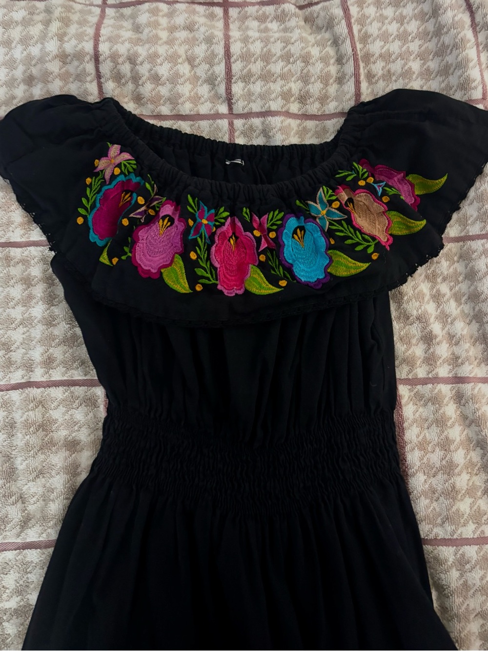 Black Off-Shoulder Embroidered Floral Midi Dress